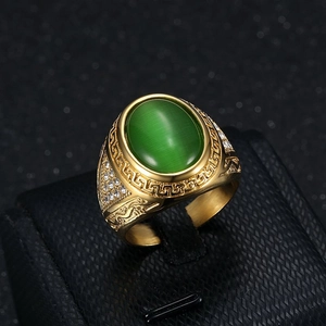 Hip hop gold plated stainless steel ring with green cat eye stone and micro zircon
