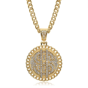 Collier hip hop plaqué or avec pendentif signe dollar et pierres en zircone cubique