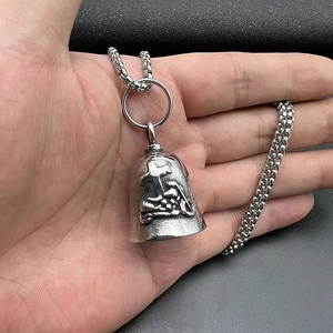 Punk biker cross motorcycle lucky devil bell necklace with vintage silver finish
