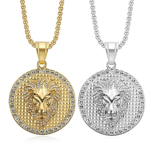Hip Hop Lion Head Pendant Necklace Stainless Steel Rhinestone Animal Jewelry Gold Silver Color Streetwear Jewelry For Men Women