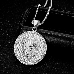 Hip hop silver lion head medallion necklace with sparkling crystals and box chain link