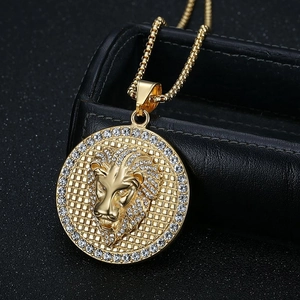 Hip-hop gold plated lion head pendant necklace with white rhinestones on square pearl chain