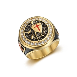 Gold plated stainless steel knight ring with red cross shield and cubic zirconia stones