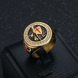 Gold Templar knight signet ring with red cross shield and sparkling crystals