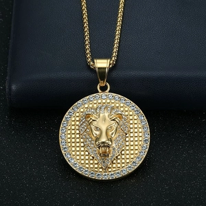 Hip hop lion head pendant necklace in vacuum gold plated finish with sparkling rhinestones