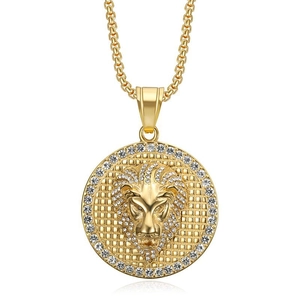 Hip hop style gold plated lion head pendant necklace with sparkling rhinestones on box chain