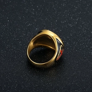 Men's gold titanium steel signet ring with red Knight Templar cross shield on black background