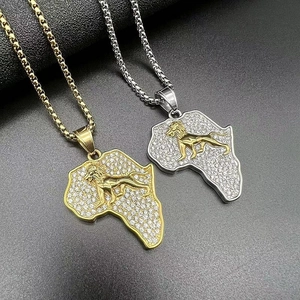 Hip Hop African Map Lion Pendant Necklace For Men Titanium Steel Gold Plated Full Rhinestone Iced Out Animal Jewelry Gift