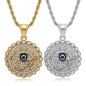 Hip Hop Titanstahl Vergoldet Auge Des Horus Anhänger Halskette Iced Out Strass Böser Blick Medaillon Kordelkette Schmuck
