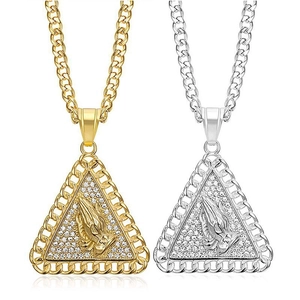 Hip Hop Praying Hands Triangle Pendant Necklace Titanium Steel Rhinestone Inlaid Cuban Chain Gold Silver Religious Jewelry