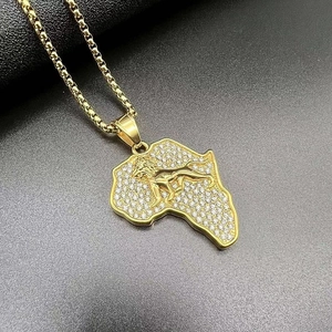 Gold plated hip hop Africa map necklace with lion emblem and pavé rhinestones