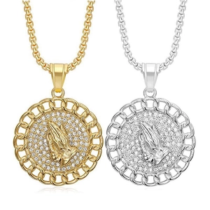 Hip Hop Praying Hands Pendant Necklace For Men Women Stainless Steel Gold Silver Plated Rhinestone Religious Streetwear Jewelry