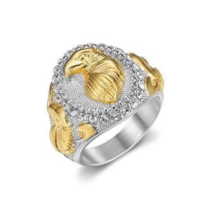 Anello da uomo hip hop a forma di aquila bicolore con placcatura in oro e strass