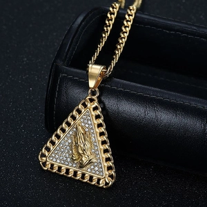 Hip hop gold plated stainless steel praying hands pendant with pavé crystals on Cuban chain