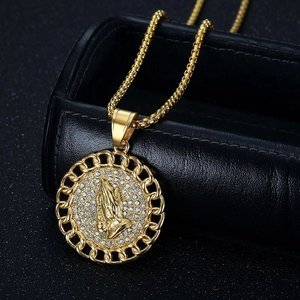 Gold plated hip hop necklace featuring a prayer hands pendant with sparkling zircons