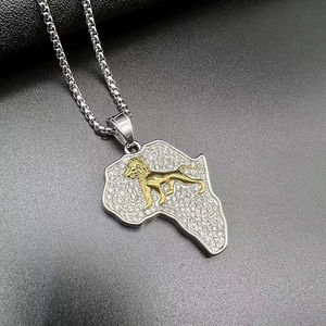Iced out Africa map pendant with golden lion and rhinestone box chain in silver finish