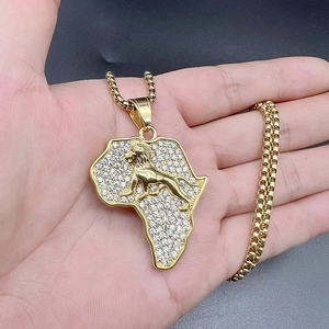 Hip hop gold plated Africa map necklace with lion emblem and sparkling crystals