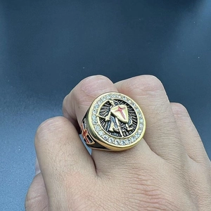 Vintage Templar Knight ring for men with red cross shield and gold finish stones