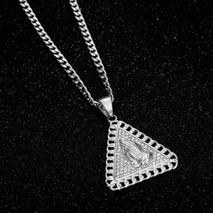 Hip hop style silver triangle pendant necklace with praying hands and sparkly crystals