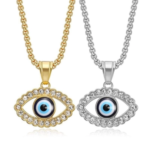 Hip-Hop Stainless Steel Turkish Evil Eye Pendant Necklace For Men Women Gold Plated Rhinestone Inlaid Box Chain Necklace