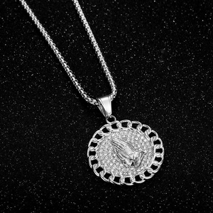 Iced out praying hands medallion necklace in silver hip hop style with box chain