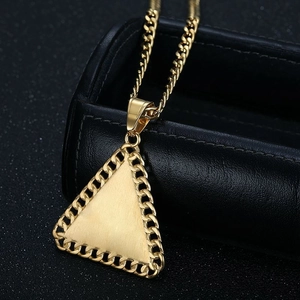 Hip-hop style gold plated triangle pendant necklace with praying hands design and cuban chain