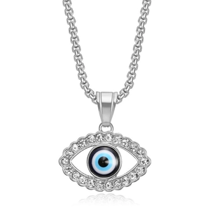 Detailed close-up of iced out evil eye pendant on a thick box chain in silver finish