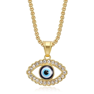 Gold plated hip hop evil eye pendant necklace with crystals and blue enamel inlay
