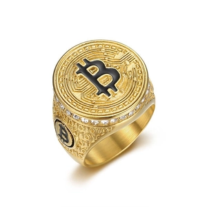 Bague Bitcoin pour homme plaquée or avec cristaux brillants et motifs de circuits