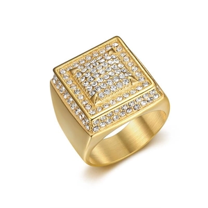Luxurious gold-plated titanium steel signet ring for men featuring full iced-out crystals