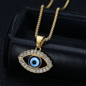Gold plated hip hop evil eye pendant necklace with crystals on box chain for men and women