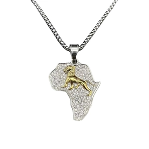 Hip hop Africa map pendant with gold lion head and sparkling rhinestones on box chain