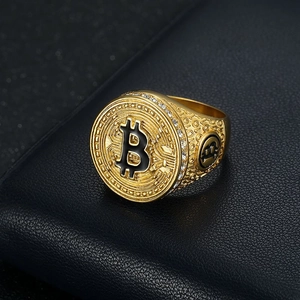 Bague chevalière Bitcoin dorée en acier inoxydable avec cristaux pour hommes