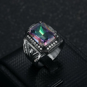 Anello da Uomo in Acciaio al Titanio Retro Punk Con Strass Iridescente Rettangolare Lucidato Gothic Biker Gioiello