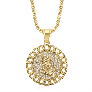 Gold-plated hip hop praying hands pendant necklace with white crystals on a box chain
