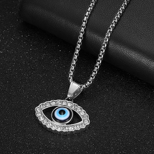 Hip hop silver steel necklace with iced out evil eye pendant and zircon stones