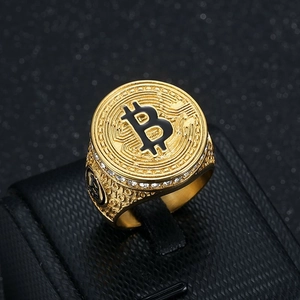 Bague en Acier Titane avec Logo Bitcoin Hiphop Plaqué Or avec Strass Incrusté Chevalier pour Hommes Bijoux Punk