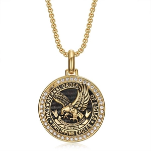 Golden stainless steel eagle medallion necklace with white crystals for men and women