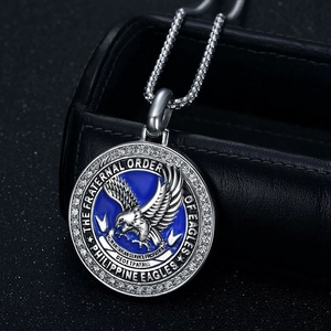 Fraternal Order of Eagles stainless steel pendant necklace with blue enamel and crystals