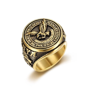 Close-up of golden Eagle signet ring with detailed Philippine Eagles crest engraving