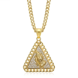 Hip-hop gold plated stainless steel triangle praying hands pendant with cubic zirconia