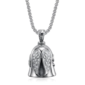 Retro Edelstahl Engelsflügel Glocke Anhänger Halskette Für Herren Damen Polierter Vintage Motorrad Stil Schutzglocke Schmuck