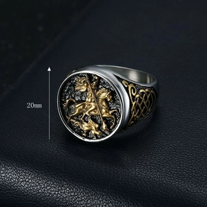 Men's retro St. George and the Dragon gold relief ring in silver and gold finish