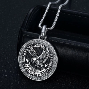 Silver stainless steel Philippine Eagles pendant necklace with blue enamel and crystals