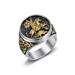 Saint George dragon slayer signet ring for men in gold and silver stainless steel