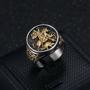 Vintage St George Slaying Dragon Knight Signet Ring Men Titanium Steel Celtic Knot Two Tone Gold Silver Gothic Jewelry