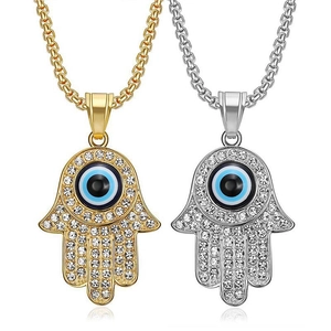 Hiphop Stainless Steel Gold Plated Hamsa Hand Pendant Necklace Evil Eye Rhinestone Inlaid Bohemian Style Jewelry Men Women