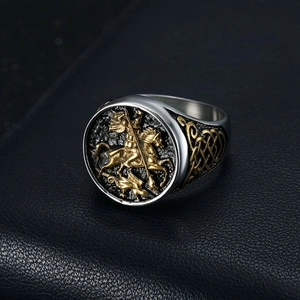 Vintage Saint George Dragon Slayer signet ring in gold and silver finish with black enamel