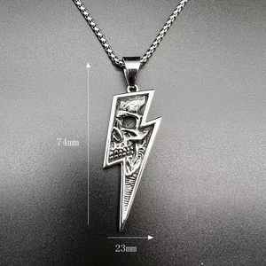Detail view of retro punk skull lightning pendant in vintage steel, size 74mm x 23mm