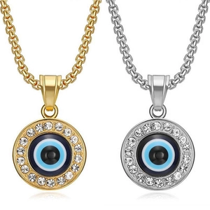 Hip Hop Stainless Steel Evil Eye Pendant Necklace With Rhinestones Turkish Nazar Amulet Jewelry For Men Women